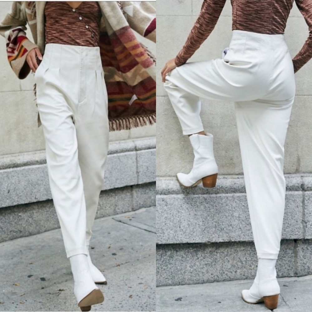 Free People Cecily Faux Leather Pleated High Waist Straight Leg Ankle Crop Pants